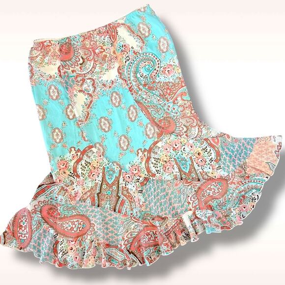 Y2K Teal Green Paisley Boho Skirt Asym Hem Rayon Elastic Waist Size M - Picture 2 of 8